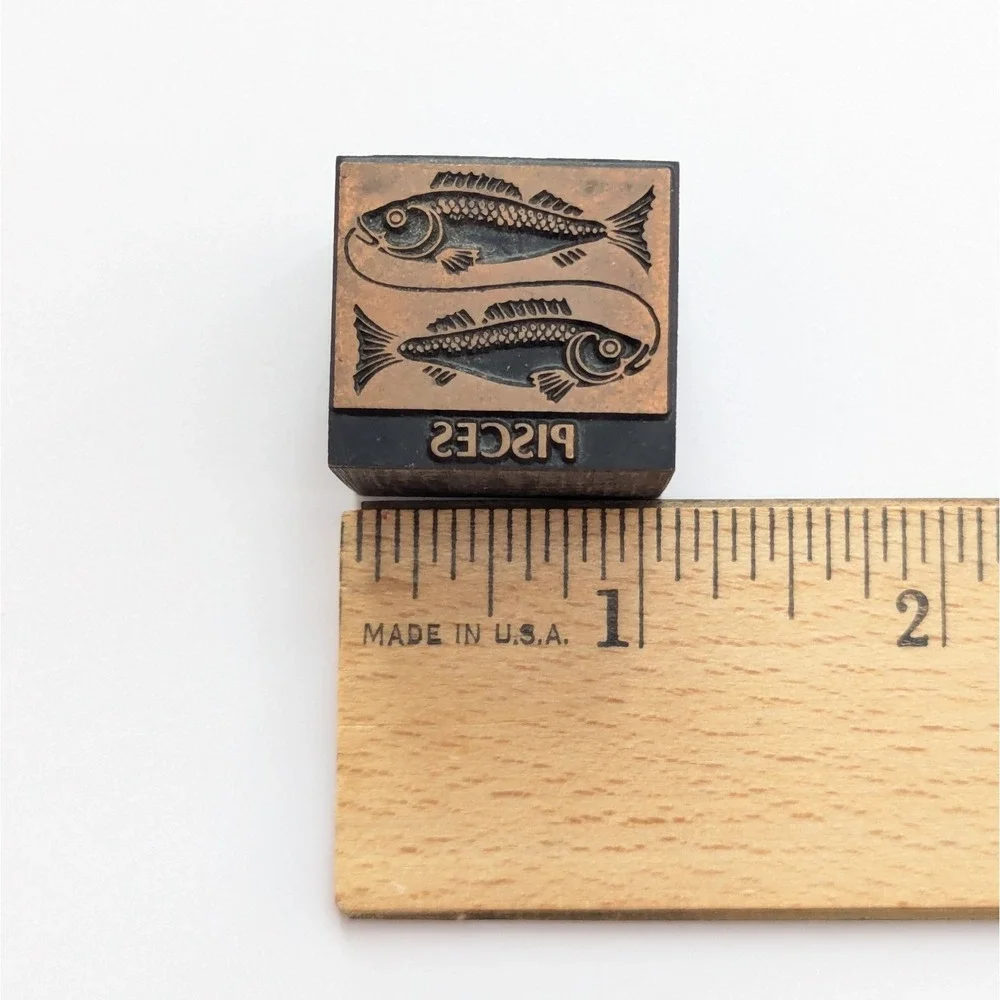 Vintage Metal & Wood Letterpress Printing Block Pisces Zodiac Astrology Two Fish